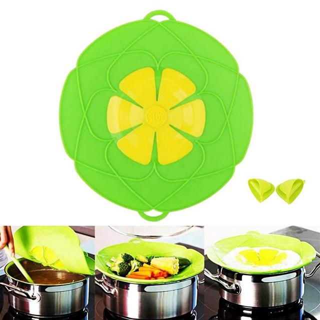 Spill Stopper Lid Cover, 10.2 inch Boil Over Safeguard Lids, Silicone Spill Stopper Lid Splatter Guard Screens, Multi-Function Kitchen Cooking Tool, Green