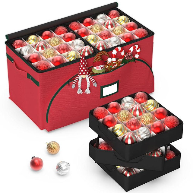 Pattiumo Christmas Ornament Storage Box with 8 Stackable Trays, Holds 128 Ornaments, Foldable Vertical Organizer with 3 Pockets, 600D Oxford Fabric, for Closet Attic Basement Storage
