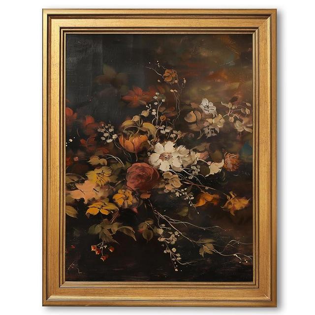 Gold Framed Vintage Fall Floral Wall Art Decor Dark Autumn Flower Painting Moody Botanical Canvas Print Thanksgiving Fall Decor Picture Poster for Living Room Bedroom Office 12X16inch