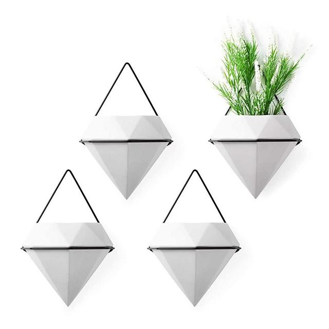 T4U Diamond Wall Planter Indoor, Set of 4 Geometric Wall Mounted Plant Holder Vase, Ceramic Succulent Air Plant Flower Pots Cactus Faux Plants Containers, White Modern Decor for Home and Office
