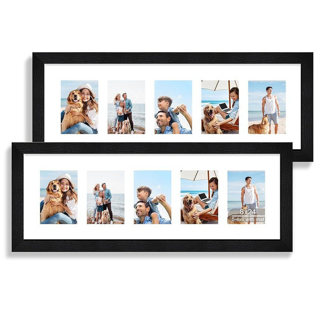 Hongkee 8x24 Picture Frame 2 Pack, Rustic Black Wood Frame with Tempered Glass, Display Pictures Multiple Five 4x6 With Mat or 8 x 24 Without Mat - Horizontal or Vertical Wall Mounting