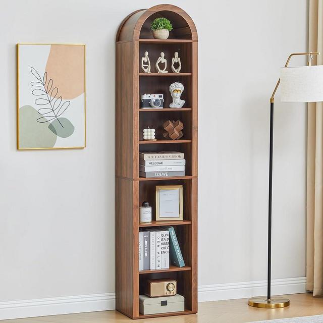 Tall Narrow Arched Bookshelf, 8-Tier Skinny Arch Bookcase for Small Space, Freestanding Storage Organizer with Adjustable Shelves, Open Display Shelves for Living Room, Entryway, Bathroom (Walnut)