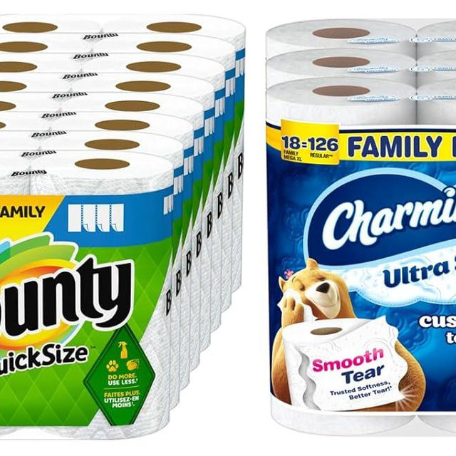 Bounty Quick-Size Paper Towels, White, 16 Family Rolls = 40 Regular Rolls, Charmin Ultra Soft Cushiony Touch Toilet Paper, 18 Family Mega XL Rolls = 126 Regular Rolls