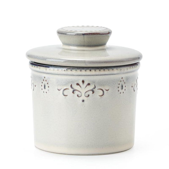 XELA Ceramic Butter Dish - French Butter Crock With Water Line - Keeps Your Butter Fresh and Spreadable - Light Gray