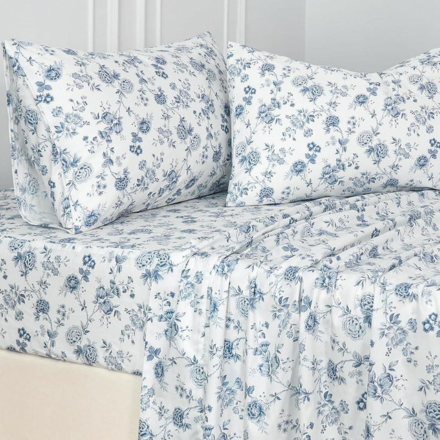 Zusbest Floral Bed Sheets Set King Size Percale Cotton Toile Sheets Blue French Country Bedding Flower Pattern Shabby Vintage Sheet, Ultra Soft&Crisp Luxury Deep Pocket Fitted Sheet 17.5'', 4Pcs
