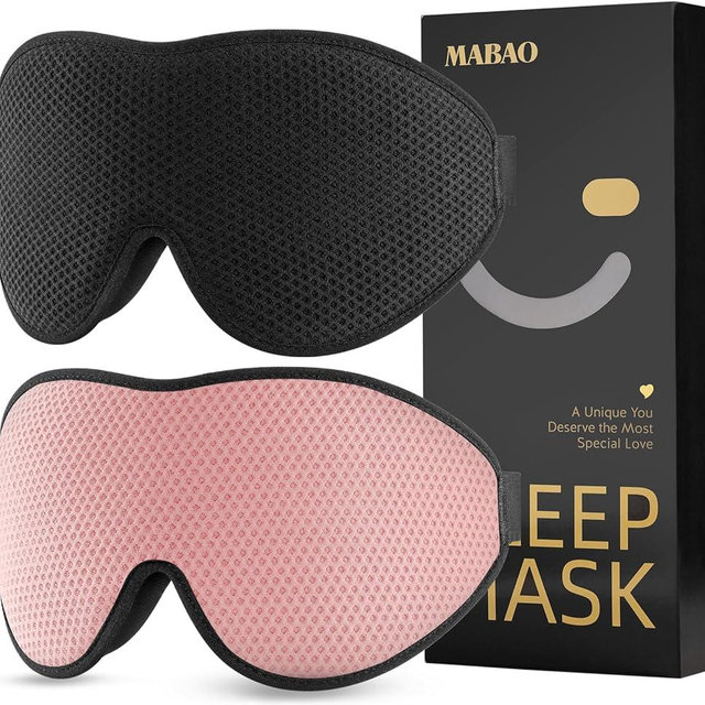MABAO 2 Packs Sleep Mask for Side Sleeper, Eye Mask for Sleeping Women Men, 3D Contoured Cup No Eye Pressure 100% Light Blocking Sleeping Mask with Adjustable Strap Night Blindfold, Nap, Black & Pink
