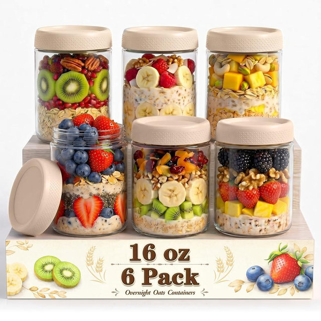 SECLENT Overnight Oats Containers with Lids, 16oz Glass Storage Containers with Lids, Suger Wide Mouth Mason Jars, Glass Jars with Airtight Lids for Salad, Yogurt, Chia Seed, Pudding, Meal Prep 6-Pack