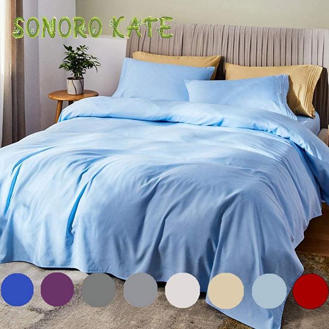 SONORO KATE Bed Sheet Set Bamboo Sheets Deep Pockets 16" Eco Friendly Wrinkle Free Sheets Hypoallergenic Machine Washable Hotel Bedding Silky Soft (Lake Blue, Queen)