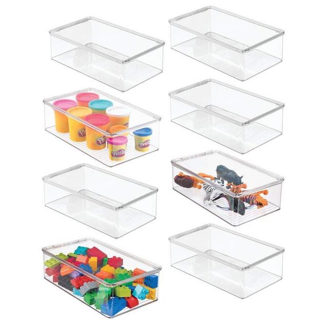 mDesign Stackable Plastic Storage Toy Box Bin with Lid - Container for Organizing Child/Kids Action Figures, Crayons, Markers, Building Blocks, Balls, Puzzles, Crafts - 3" High - 8 Pack - Clear