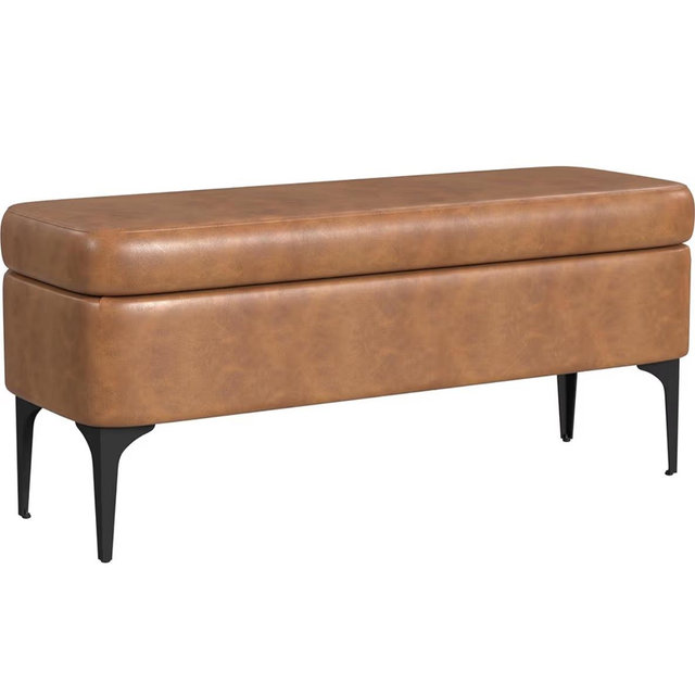 HomePop Upholstered Storage Bench with Metal Leg, 42" W, Carmel Faux Leather