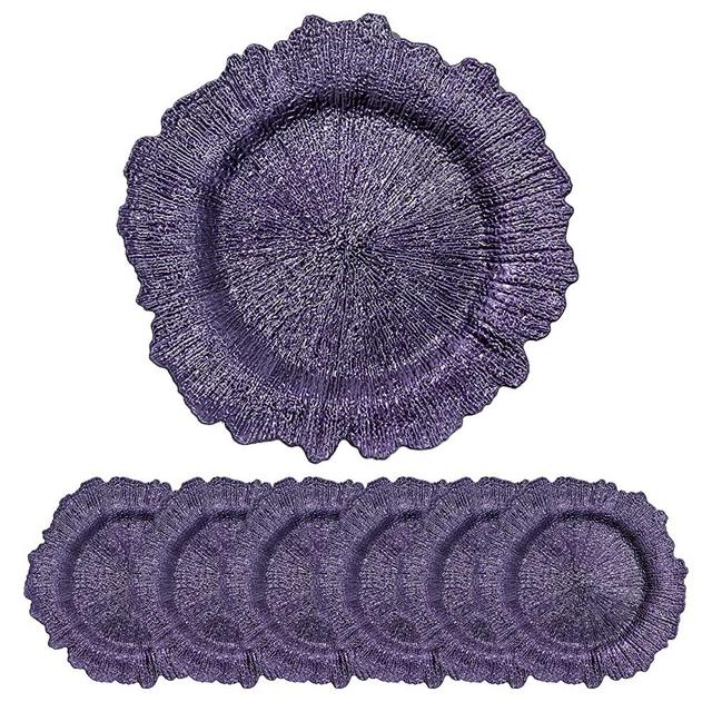 JRHCGH 13" Round Purple Charger Plates Set Of 6, Plastic Reef Chargers for Dinner Plates, Wedding Supplies For All Holidays (Purple)