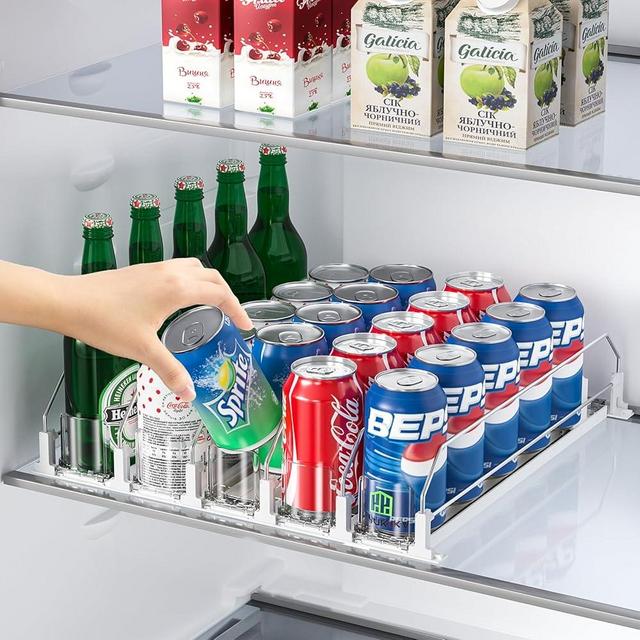 KUUKIKV Upgraded Drink Organizer for Fridge, Space-Saving Fridge Drink Organizer, Automatic Pusher Glide and Adjustable Width Drink Dispenser for Fridge - Holds Up to 25 Cans (5 Rows White)
