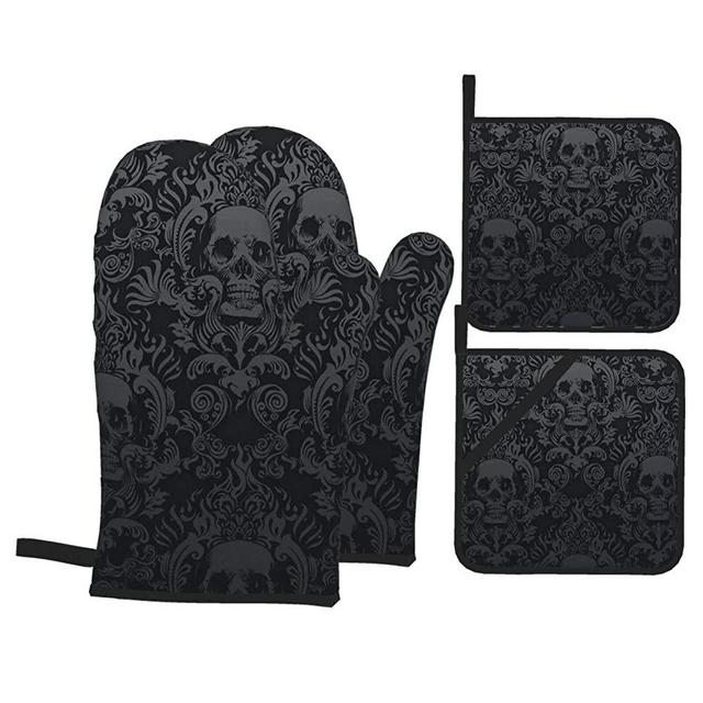 Msacrh Victorian Gothic Black Skull Damask Oven Mitts and Pot Holders Sets of 4,Resistant Hot Pads with Polyester Non-Slip BBQ Gloves for Kitchen,Cooking,Baking,Grilling