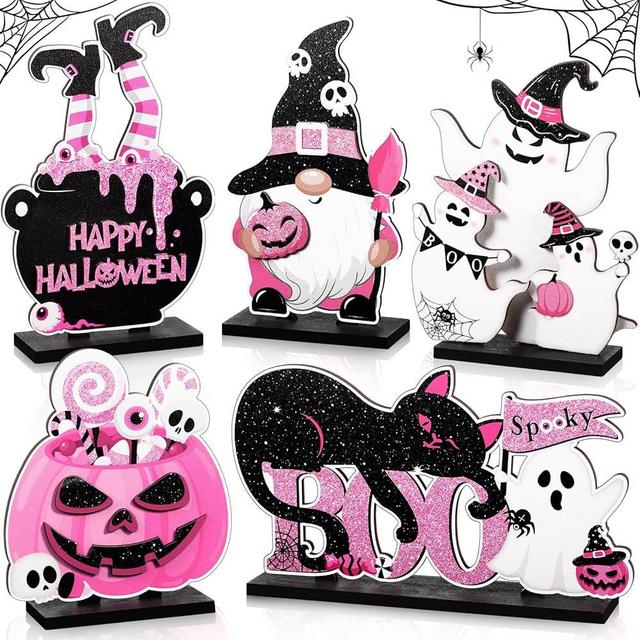 Blosssound 5 Pcs Halloween Wooden Table Signs Happy Boo Day Table Sign Decor Black and Pink Spooky Gnome Cat Pumpkin Ghost Witch Centerpieces for Halloween Indoor Home Table Party Decorations
