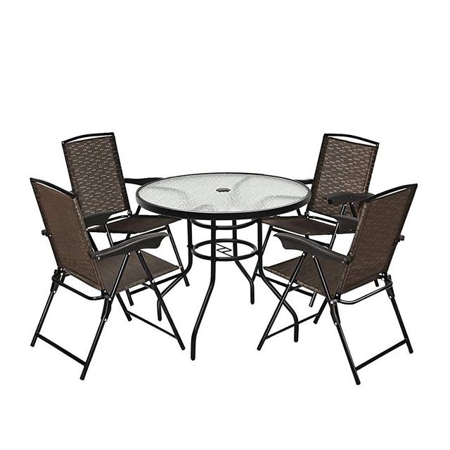 Goplus 5-Piece Bistro Set Outdoor Patio Furniture Weather Resistant Garden Round Table and 4 Folding Sling Chairs (4 Sling Chairs+Classic Table)