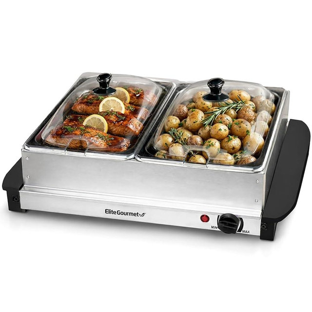 Elite Gourmet EWM-6122X Deluxe Dual Buffet Server Food Warmer Party Tray, Gravy & Holiday Essentials, Special Events, 2 x 2.5Qt, Stainless Steel