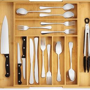 Purawood Bamboo Drawer Organizer - Expandable Silverware Organizer & Utensil Drawer Organizer, Cutlery Tray with Dividers, 7-9 Slots- Kitchen Organizer for Utensils & Flatware (Natural)