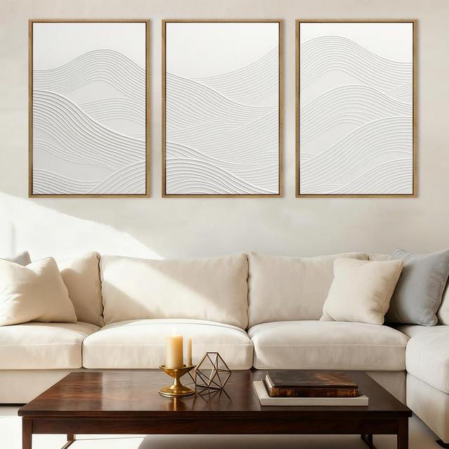 Anyzal Large Framed Neutral White Textured Wall Art 16x24 Inch Abstract Modern Canvas Wall Decor Minimalist Ocean Waves Artwork for Living Room Bedroom Office Set of 3