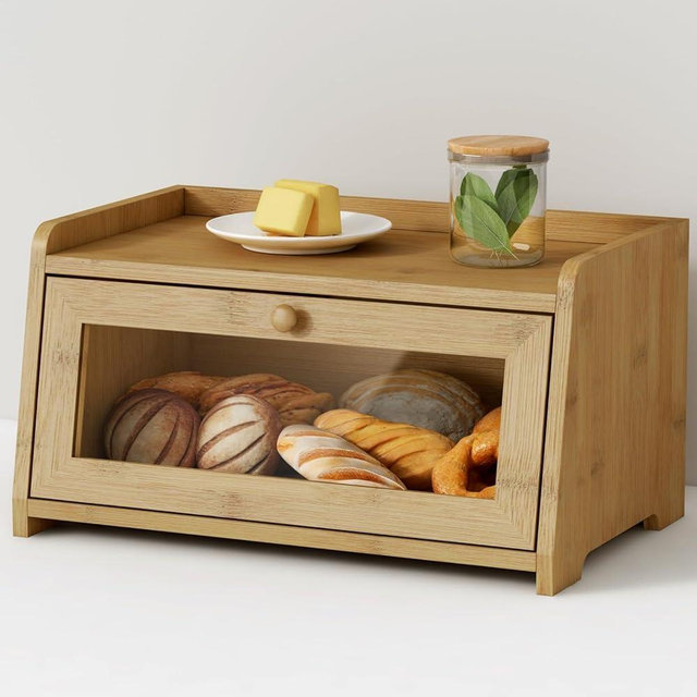 Goozii Wood Bread Box for Kithcen Countertop, Rustic Breadox Storage Container for Homemade Bread, Small Bread Keeper Holder Organizer with Window (Natural Bamboo)