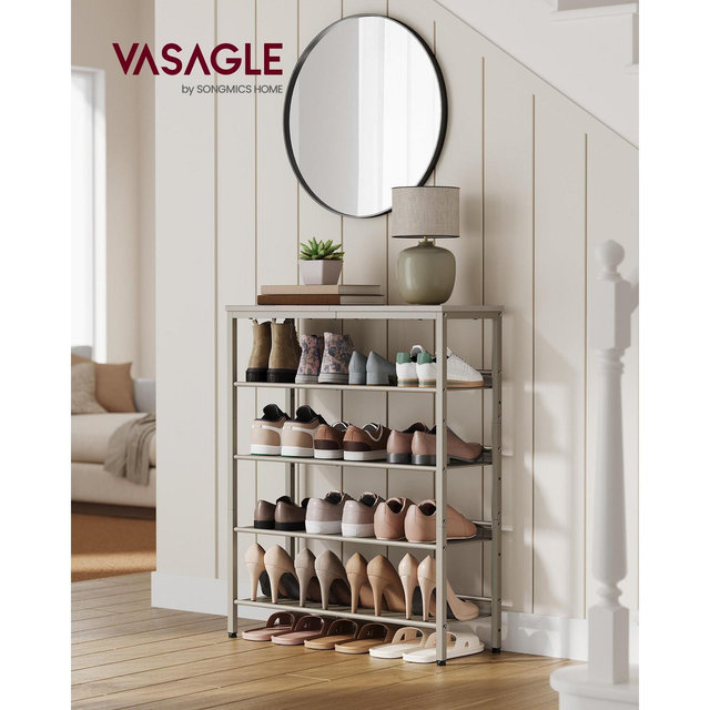 5 - Tier Freestanding Industrial Shoe Rack for Entryway - Adjustable with Storage Shelves & Spacious Top, Cappuccino Beige