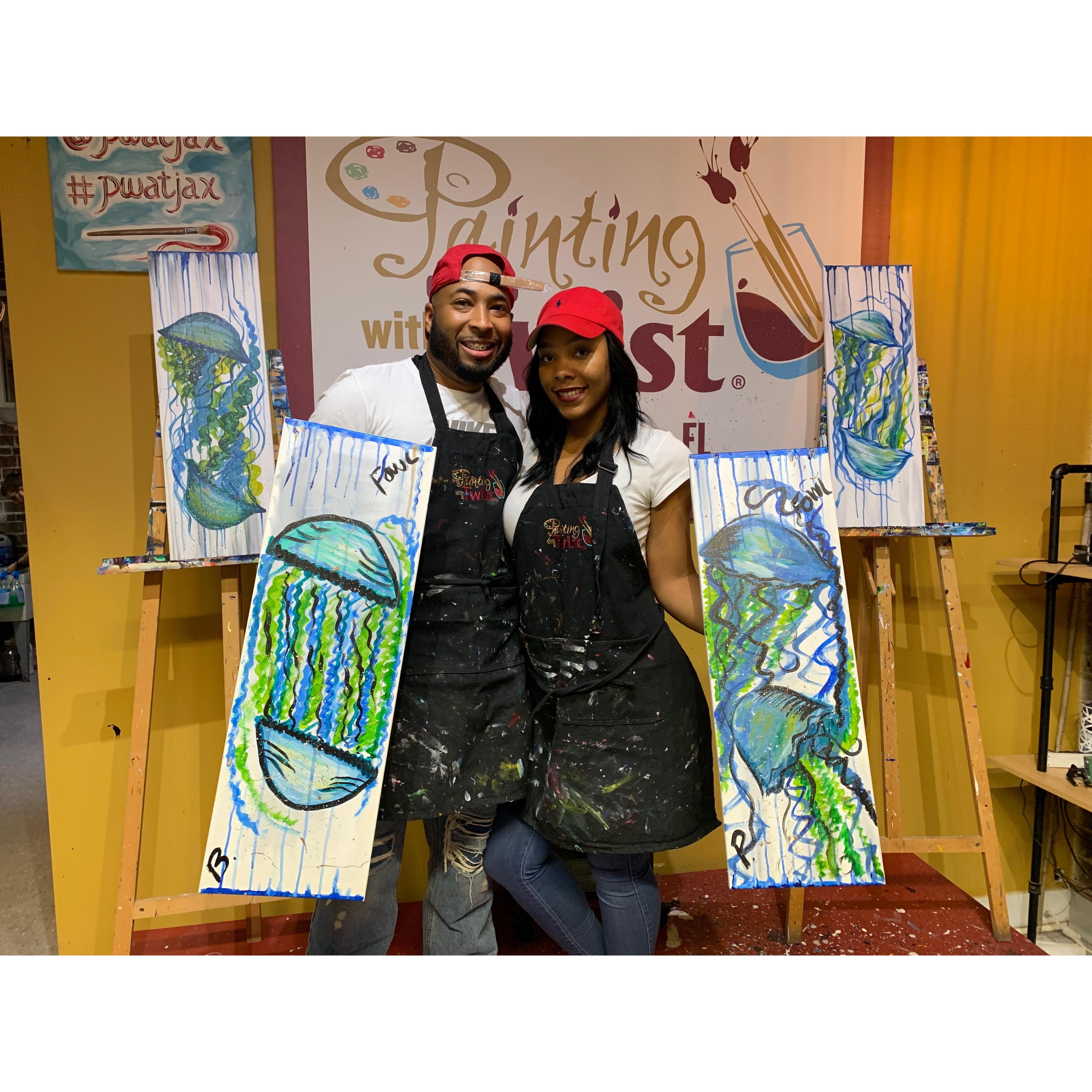 Our first time at painting with a twist! This date was fun, romantic, and somewhat competitive. Whose painting looks better? LOL