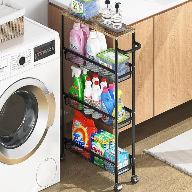 KINGRACK Slim Rolling Storage Cart, 4 Tier Narrow Utility Cart Bathroom Organizer Shelving Unit with Wooden Top and Handle, for Laundry Room,Office, Kitchen, Black