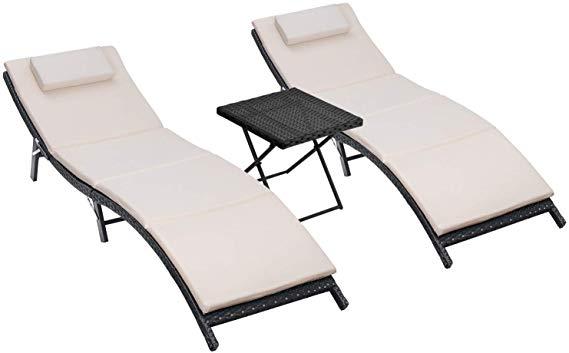 Homall 3 Pieces Outdoor Lounge Chair Patio Chaise Lounge Sets PE Rattan Lounge Chair with Folding Table and Beige Cushion