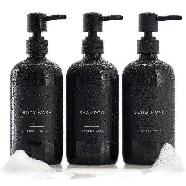 Stylish Shampoo and Conditioner Dispenser Set of 3 - Modern 21oz Shower Soap Bottles with Pump and Labels - Easy to Refill Body Wash Dispensers for an Instant Bathroom Decor Upgrade - Black