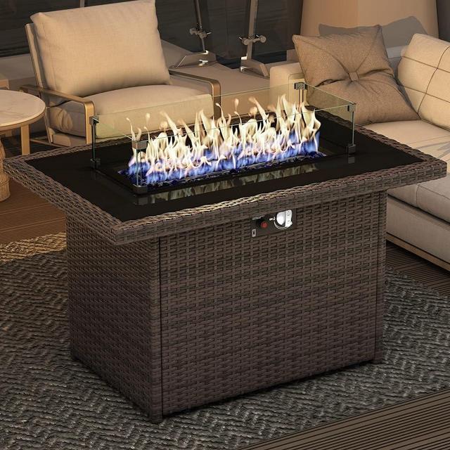Propane Fire Pit Table, 44" Outdoor Gas Fire Pit with Glass Wind Guard & Waterproof Cover