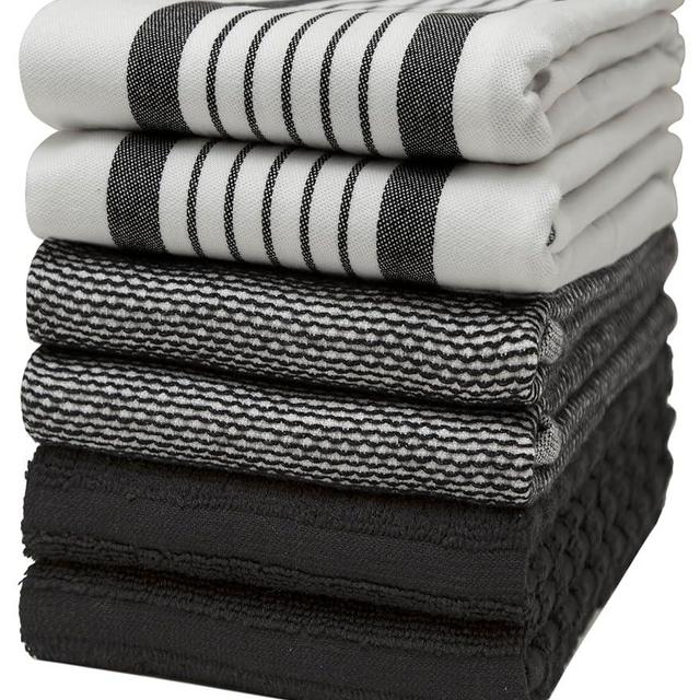 Premium Kitchen Towels 20”x 28”- 6 Pack | Large Cotton Kitchen Towels | Hand Towels for Kitchen | Flat & Terry Towel | Dish Towels | Highly Absorbent Tea Towel with Hanging Loop | Black Striped