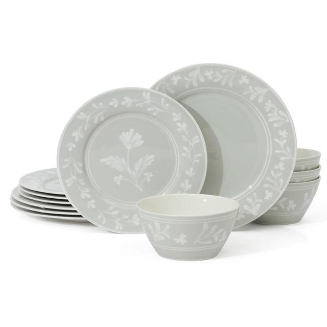Martha Stewart Maiden Crown 12-Piece Sage Green Dinnerware Set – Vegan Bone China Ceramic Plates & Bowls – Floral Design – Service for 4 – Microwave & Dishwasher Safe