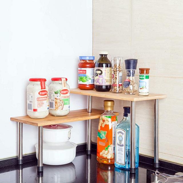 SooMe Corner Shelf Rack Kitchen Counter Top Cabinet Organizer 2 Tier Free Standing Bamboo Rectangle Bathroom Storage Shelves