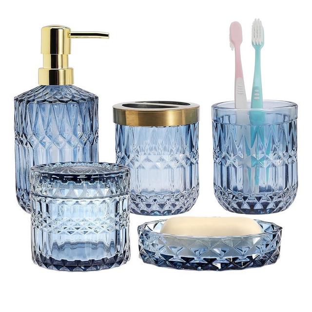 Bathroom Accessories Set,5Pcs Glass Bathroom Accessories Set, Lotion Dispenser, Soap Dish, Toothbrush Holder, Tumbler, Modern Bathroom Decor, Gift for Home Apartment (Blue)