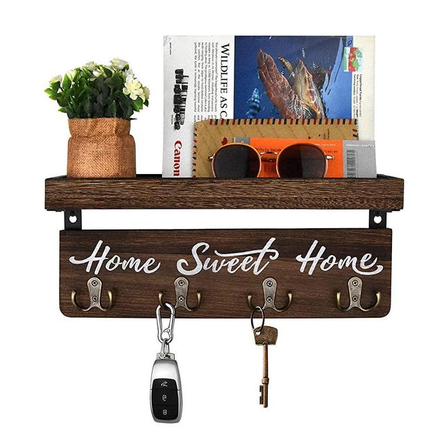 Buways Wall-Mounted Key and Mail Holder, Wooden Key Rack with 4 Double Key Hooks, Rustic Home Decor for Entryway