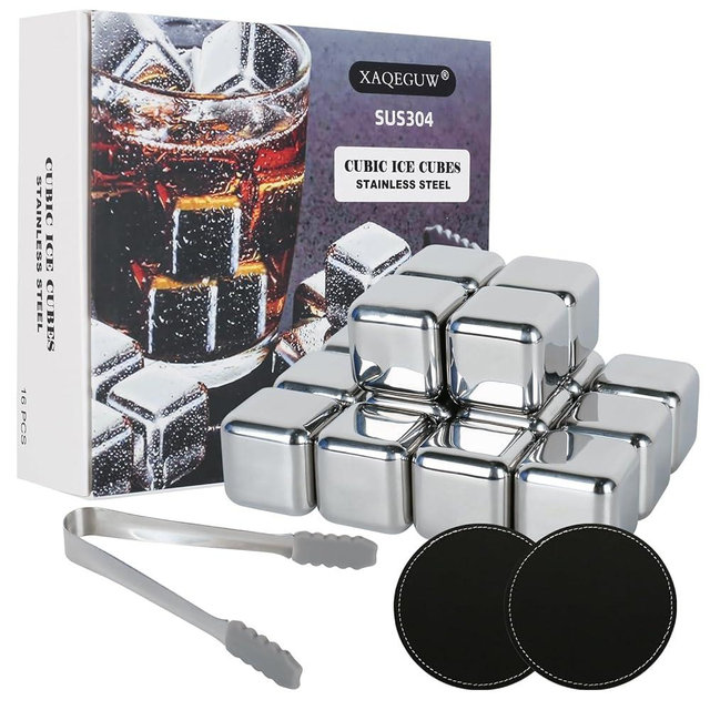 16 Pack Reusable Stainless Steel Ice Cubes - Non-Diluting Metal Whiskey Stones for Whiskey, Vodka, Wine, Juice & Soda .Birthday Gift for Men, Dad, Boyfriend
