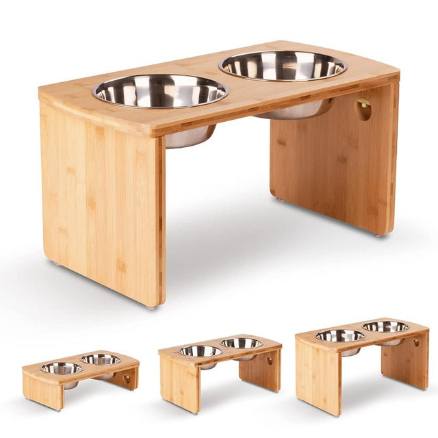 Elevated Dog Bowls, Bamboo Raised Dog Bowl for Large Dogs & Medium Dogs, with 2 Stainless Steel Bowls (10'' Tall–48 oz Bowl)