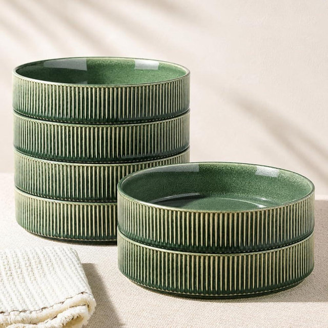 GBhome Pasta Bowls Set of 6, 7.5” Stoneware Dinner & Salad Bowls, Double Reactive Glaze Ceramic Soup Bowls, Stackable, Microwave & Dishwasher Safe, Dark Green