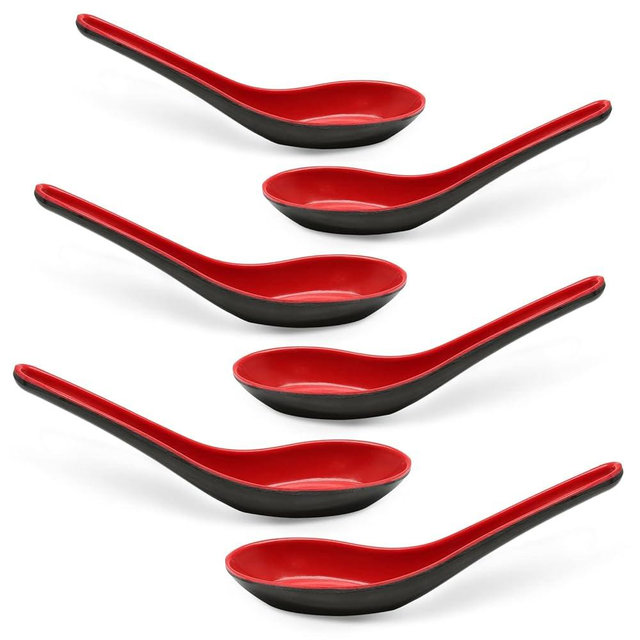 Cionyce 8PCS Asian Soup Spoons, Chinese Japanese Miso Ramen Wonton Dumpling Pho Rice Noodle Soba Soup Spoons, Red and Black Melamine Spoons