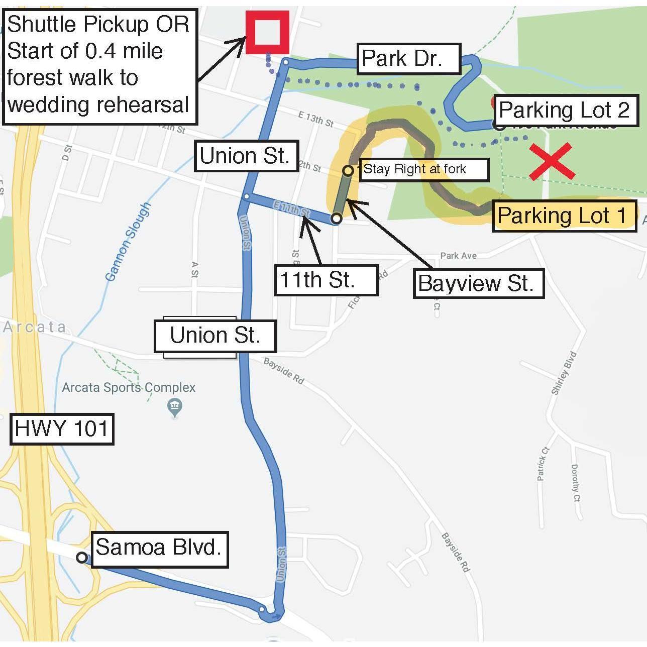 Directions to the rehearsal dinner. If no parking spaces are available in Lot 1 or 2, please park at the shuttle pickup which will pickup at 5pm and 5:15pm.