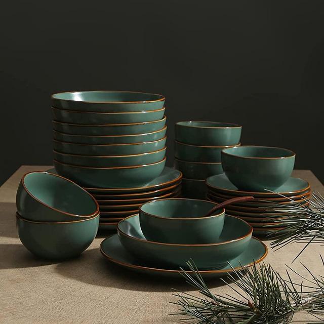 Stone + Lain Brasa Stoneware 32-Piece Round Dinnerware Set with Pasta Bowls, Green