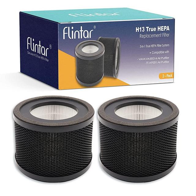 Flintar H13 True HEPA Replacement Filter, Compatible with TT-AP001 Air Purifier and VAVA VA-EE014 Air Purifier, 3-in-1 H13 Grade True HEPA and Activated Carbon Filter Set, 2-Pack