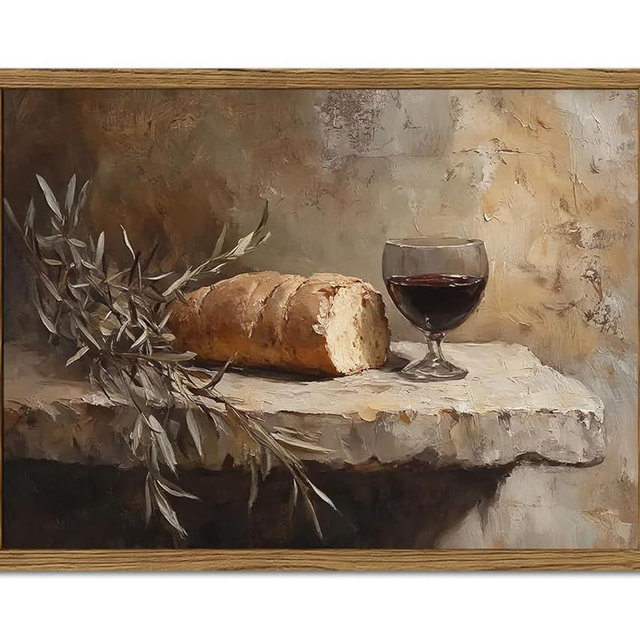 Christian Kitchen Communion Still Life Wall Art Bread and Wine Religion Wall Decor Painting Last Supper Dining Room Poster Canvas Print Cuadro Para Comedor for Farmhouse 12x16 inch Wood Framed