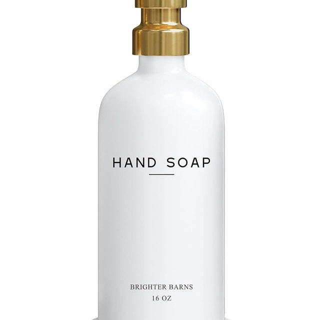 Luxury Glass Hand Soap Dispenser Bathroom Set by Brighter Barns - Hand Soap Dispenser with Stainless Steel Pump - Glass Bottle with Round Tray - White and Gold Bathroom Decor & Accessories (Gold)