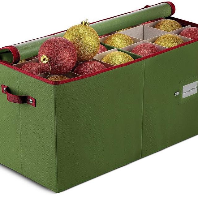 ZOBER Large Christmas Ornament Storage Box - Stores 54 Ornaments W/Dividers - Non-Woven, Durable Christmas Storage Containers - Dual Zipper - Green