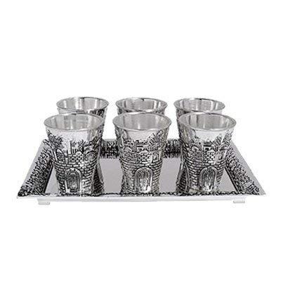 Jerusalem Shot Glass Kiddush Cup Set with Tray - Silverplated