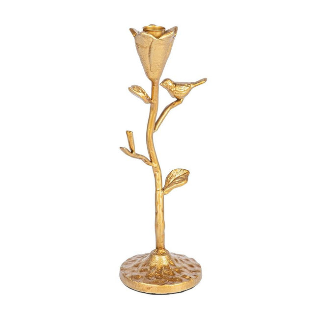 Creative Co-Op Hand-Forged Cast Iron Candelabra with Flowers and Bird, Gold