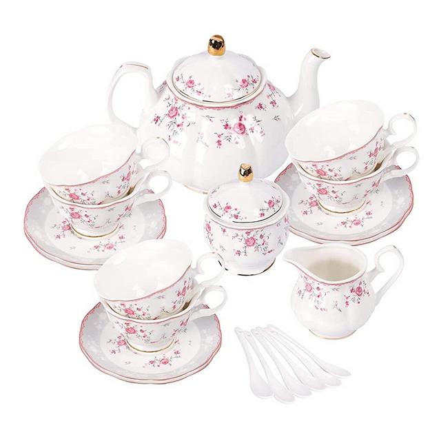 fanquare Porcelain Tea Set,Tea Cup and Saucer Set,Service for 6,Wedding Teapot Sugar Bowl Cream Pitcher,Flower China Coffee Set,Red Rose