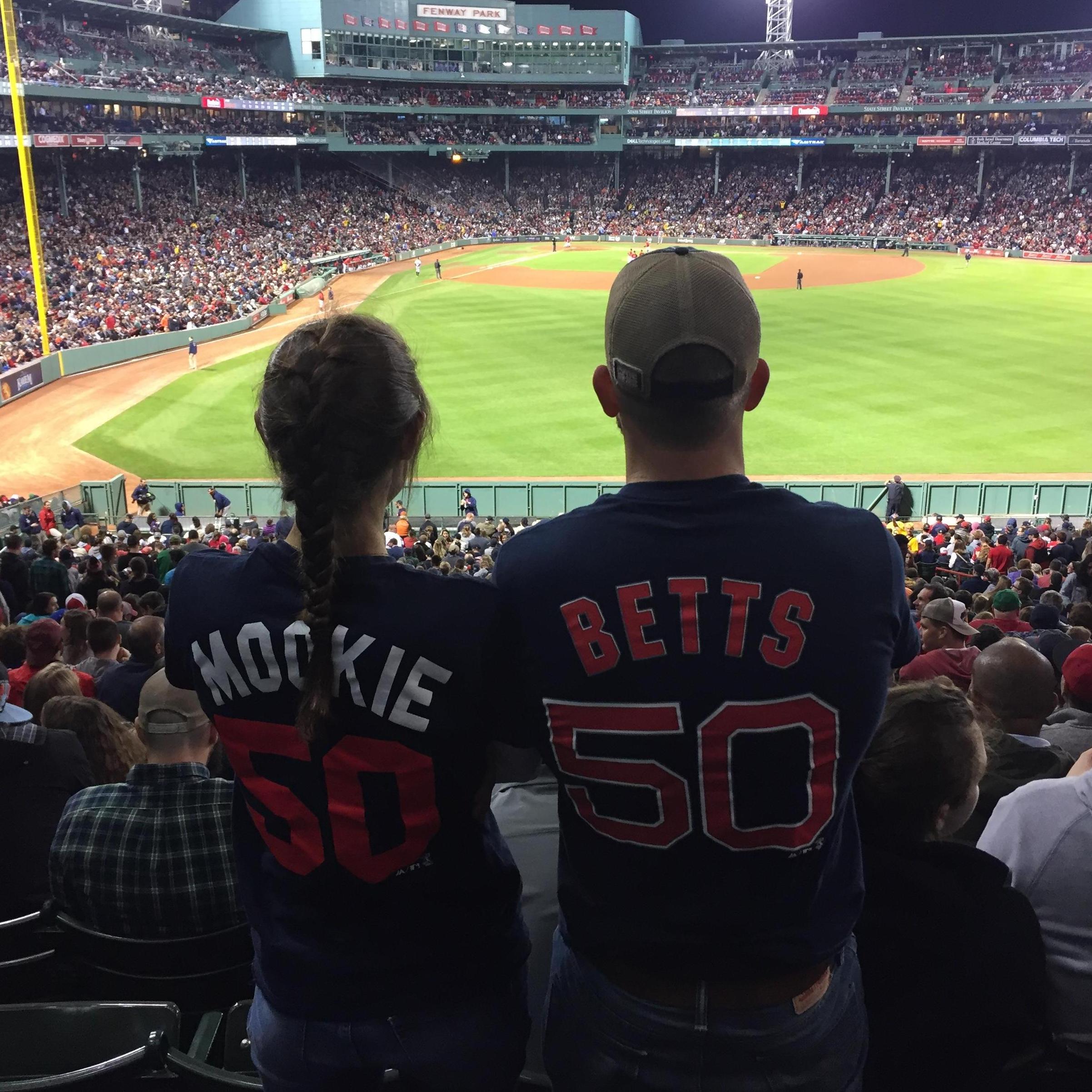 Their first Red Sox game. Zak bought Steph the Mookie shirt solely so they could take this picture. Can you feel her eyes rolling? Haha
