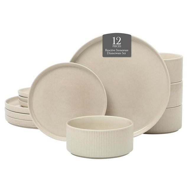 Gibson Elite Solana Coast 12 Piece Stoneware Reactive Glaze (Service for 4) Ceramic Plates and Bowls Modern Shape Embossed Dinnerware Set - Cream White