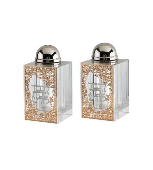 Crystal Salt & Pepper Set Gold Jerusalem with Silver Shabbat Kodesh